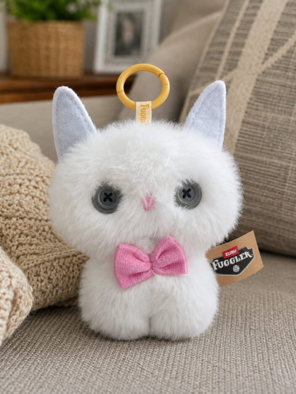 Fuggler White Cat Plush Bag Charm Keychain with Pink Bow – Cute Collectible NWT